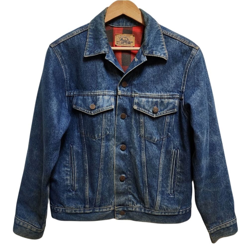 Plain Pocket Blue Denim Jean Jacket Men 40 Buffalo Plaid Lining Trucker Western